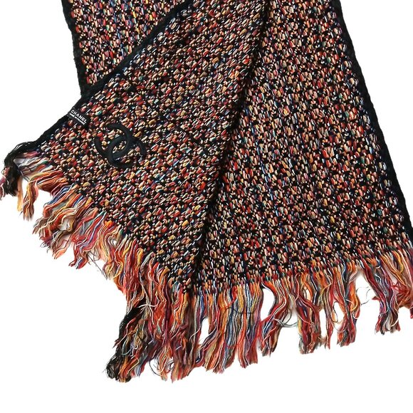 CHANEL Luxury Vintage Black & Red Multi-Color Woven Fringed Shawl Wrap Scarf - Picture 9 of 15
